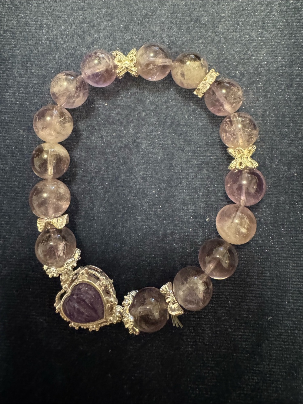 Amethyst beaded bracelet round stretch 6.25” heart charm